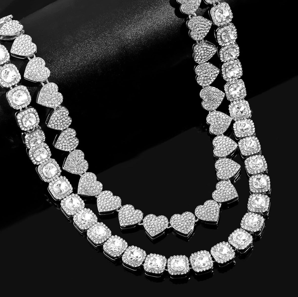 Diamond Tennis Chain & Heart Necklace Set